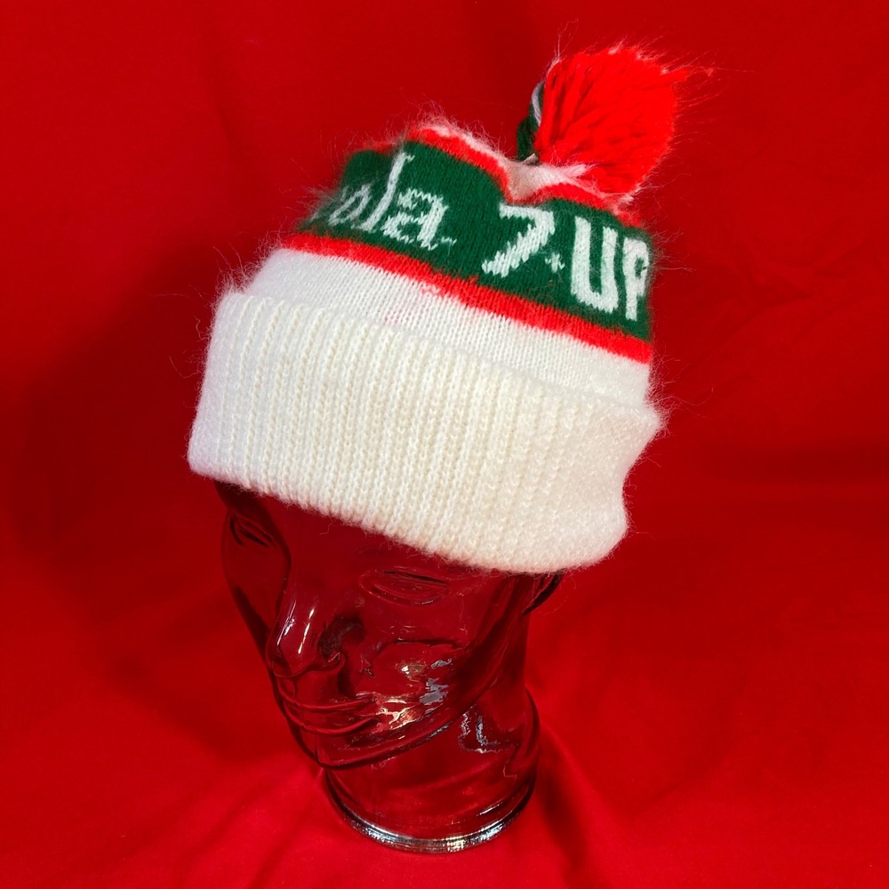 7-Up The Uncola Beanie Hat / White Green Red / Vintage 1970s 80s Pom